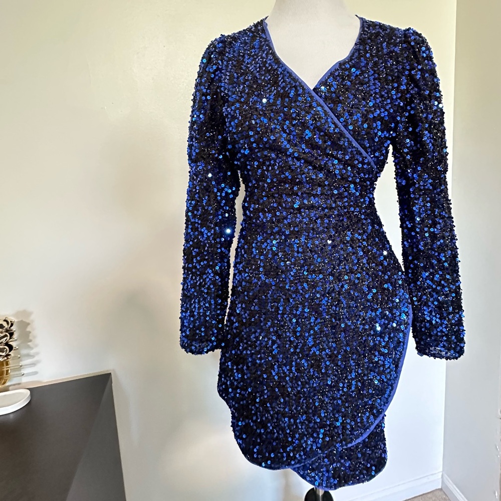 Molly Bracken Blue Sequin Wrap Tie Dress with Bishop Sleeves
